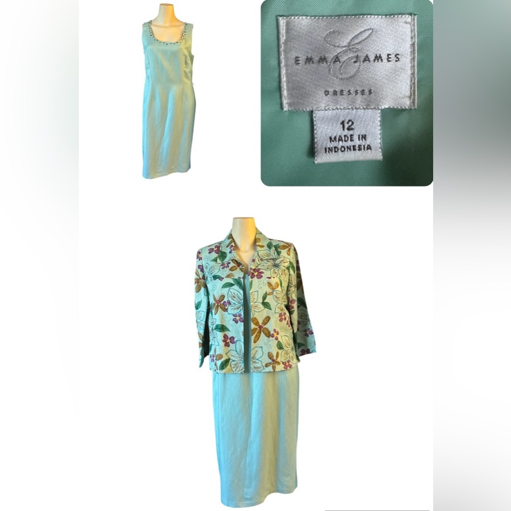 Emma James Mint Green Sleeveless Dress with Floral Jacket - Size 12